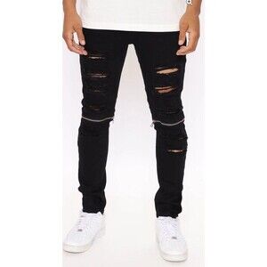 Fashion Nova Men Black Distressed Skinny Jeans Zip Knee Stretch Size 38x31